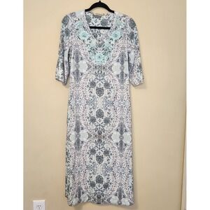 Soft Surroundings Beaded Neckline Blue Floral Print Maxi Dress Size XS Boho
